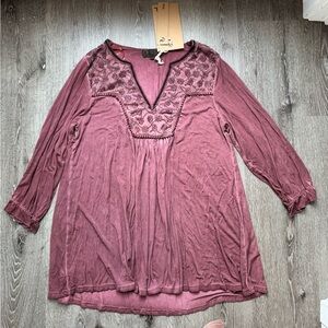 POL Mauve Boho Embroidered V Neck Tunic Top Long Sleeve One Size NWT